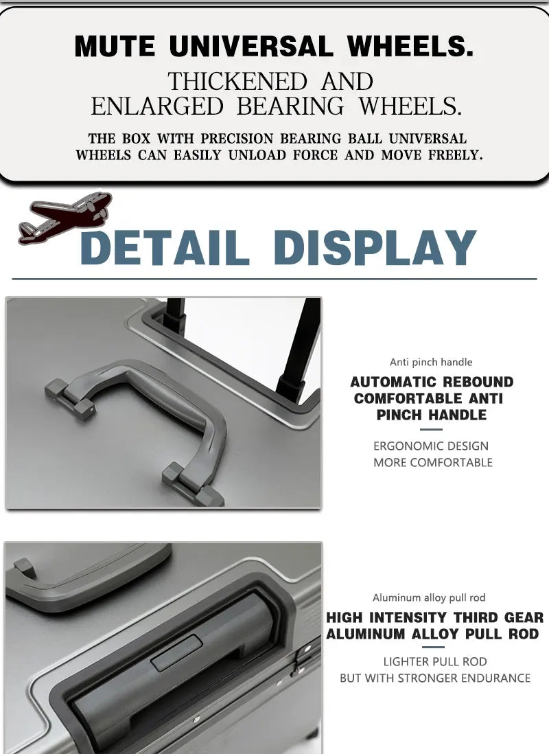 Aluminum Alloy Frame Suitcase, Top-Opening ABS Portable Trolley Case, Universal Wheels, Customs Code Lock Boarding Case