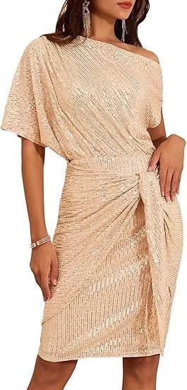 Ladies Trimmed Shiny Party Club Shoulder Folds Toast Dress Fashion Dress