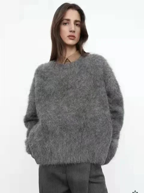 Women’s Oversized Fluffy Sweater – Off-Shoulder, Ultra-Long Sleeves, Crewneck Pullover (Autumn/Winter, JZ005)