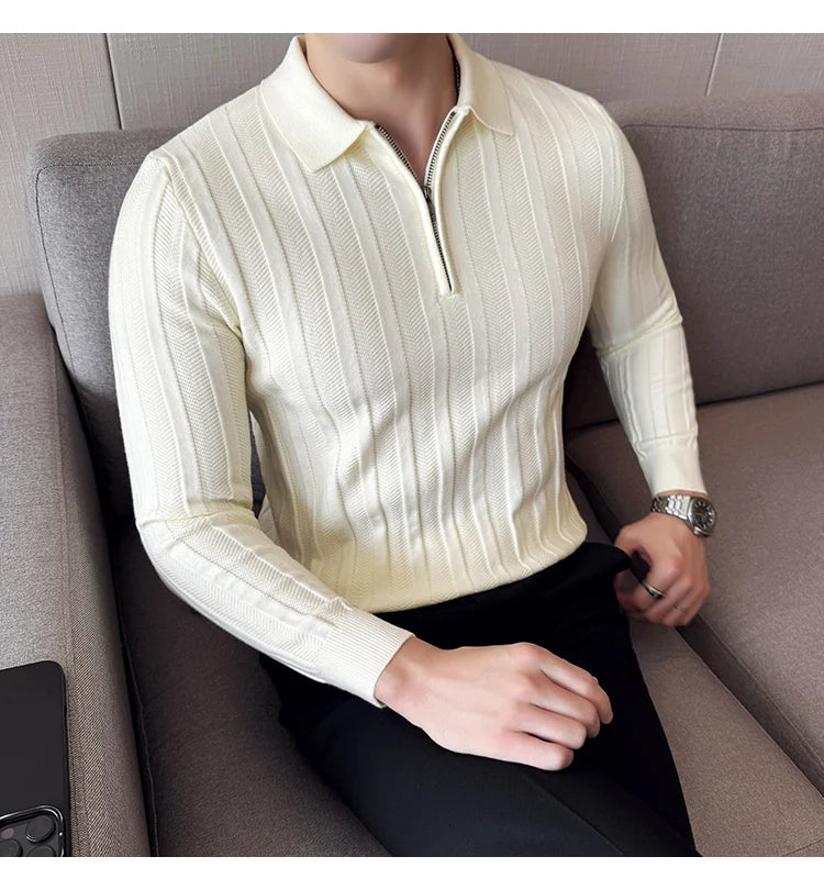 Men's Zip-Front Knit Sweater - White Polo Collar (Black/Burgundy/Cream) M-4XL Soft Touch Autumn Winter Casual Style