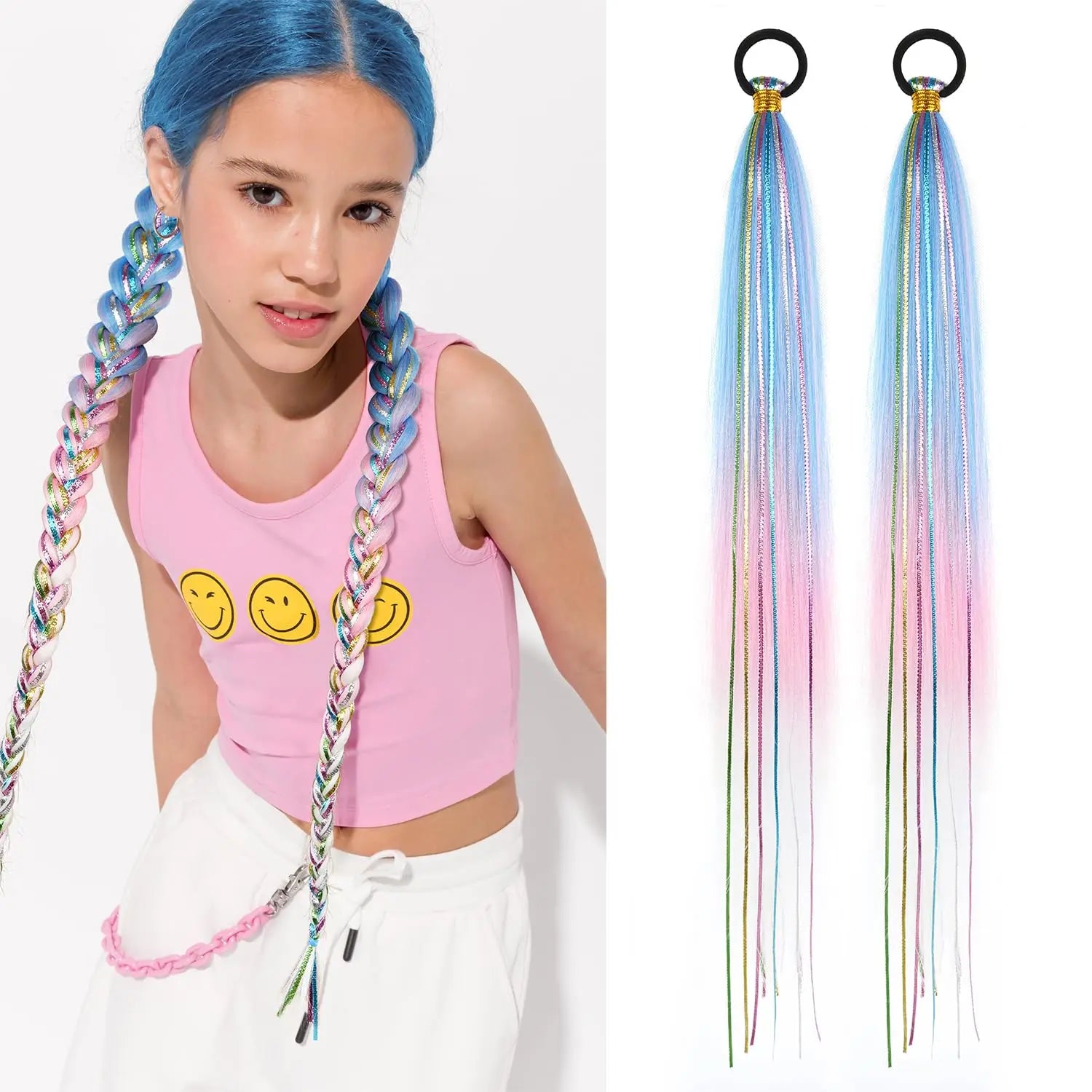 26 Inch Hair Tinsel Colored Braided Ponytail Extension 1/2 Pack Blue Pink Gradient Hair Extensions Synthetic Ponytail