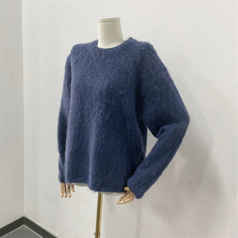 Women’s Oversized Fuzzy Knit Pullover – Solid Color Crewneck Sweater (Cozy “Lazy” Style)