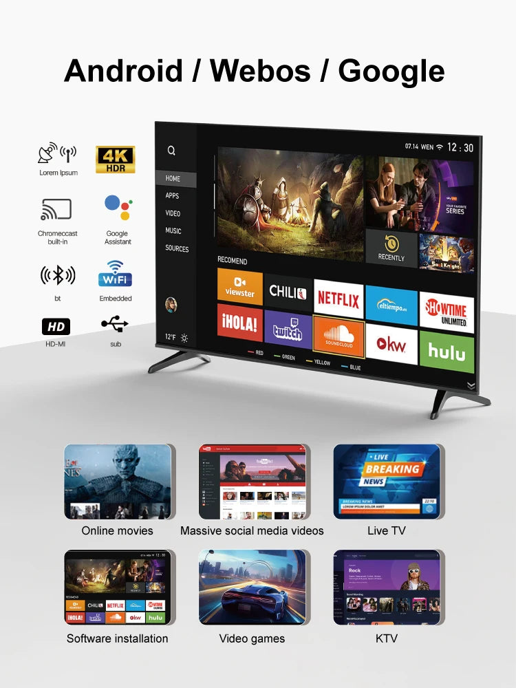 OEM 43/55/65/70 Inch Android Smart TV - 4K UHD FHD Google TV for Hotel Commercial Use, WiFi & HDMI