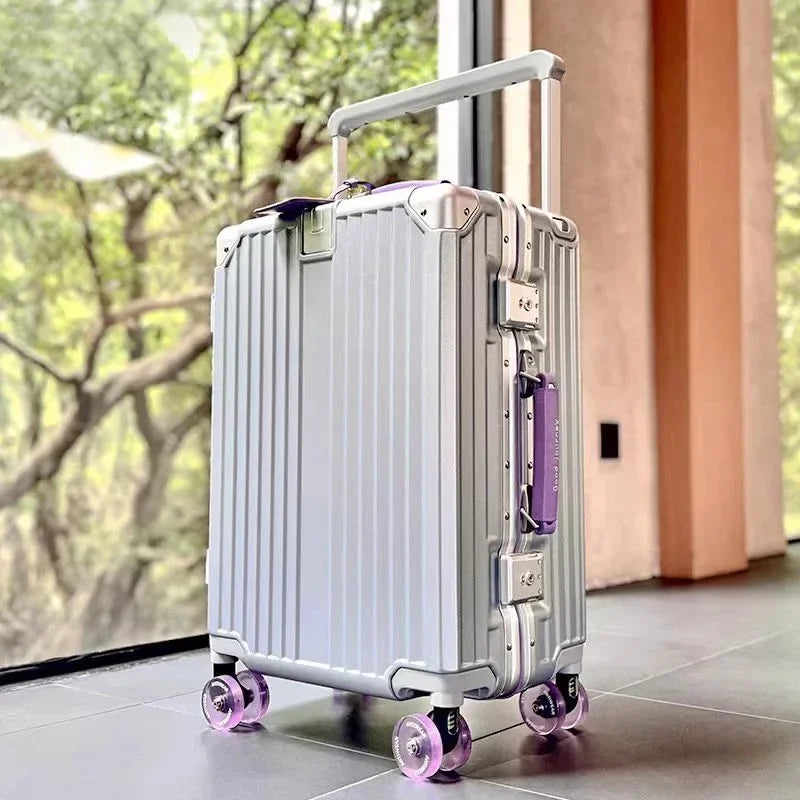 Aluminum Frame Wide Handlebar Rolling Luggage with Colorful Silent Spinner Wheels and TSA Lock Large Capacity Trolley Suitcase
