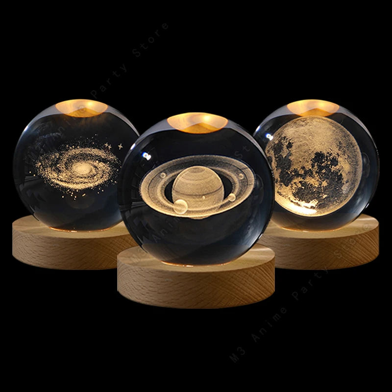 3D Planet Crystal Ball Night Light — USB Powered, Mini 5 cm Glass Globe with Wooden Base