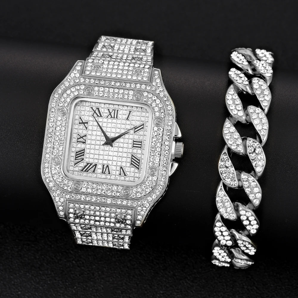 Women’s Full Iced-Out Watch Set | Green Dial Luxury Bling with Cuban & Tennis Chain Bracelets