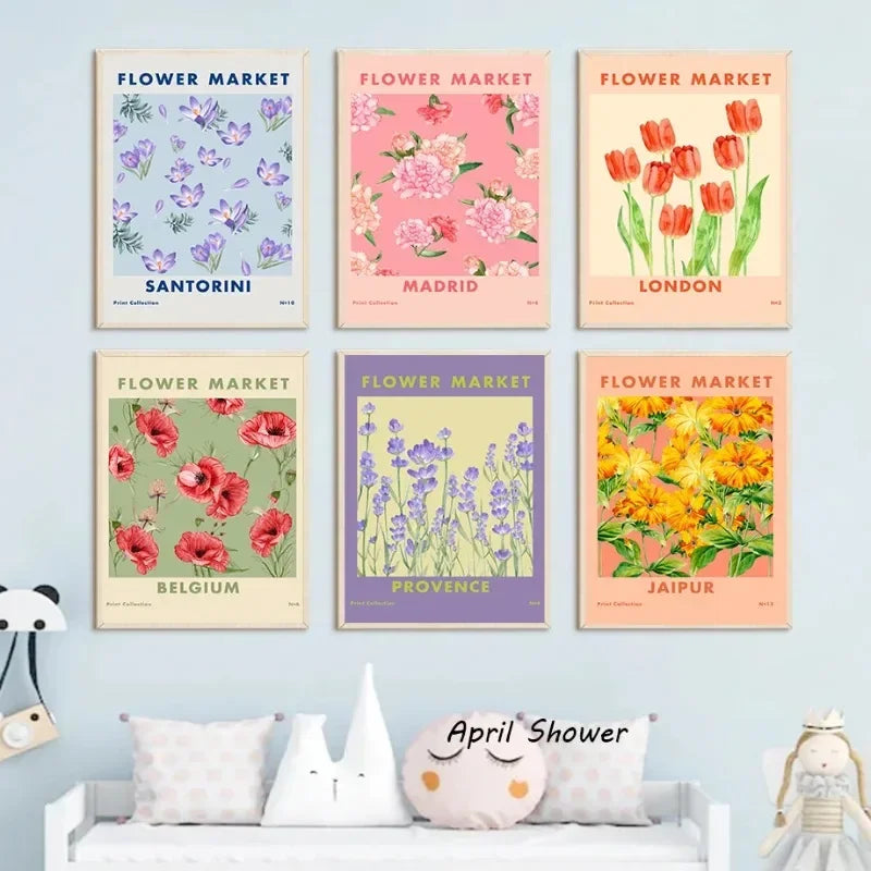 Boho Flower Market Retro Wall Art – Minimalist Canvas Print