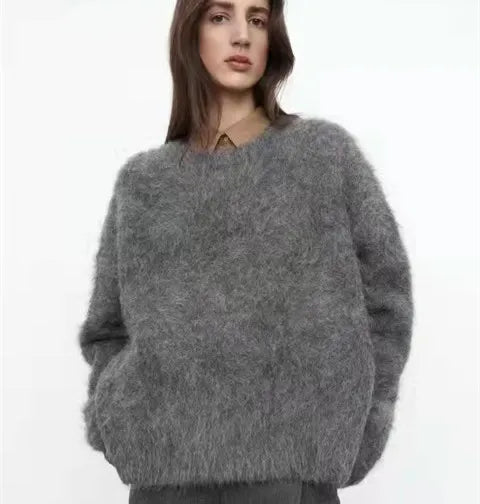 Women’s Oversized Fluffy Sweater – Off-Shoulder, Ultra-Long Sleeves, Crewneck Pullover (Autumn/Winter, JZ005)