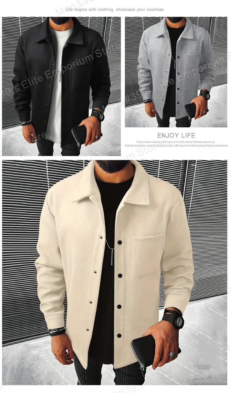 Men's Warm Brushed Jacket Lapel Button-Down Casual Coat for Autumn Winter Business，with Pocket