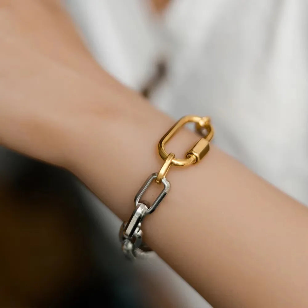 2025 Luxury Gold-Plated Chunky Chain Necklace | Stainless Steel Carabiner Design with Zircon Charms