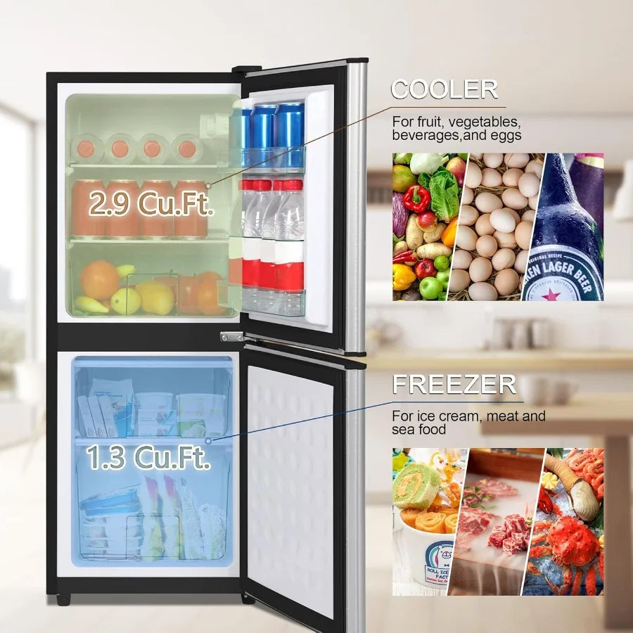 Compact 4.2 Cu. Ft. 2-Door Refrigerator with Freezer Featuring Adjustable 7-Level Thermostat for Efficient Cooling in Small Spa