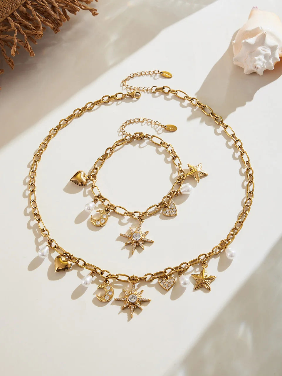 Zircon Heart, Star & Moon Jewelry Set | 18K Gold-Plated Stainless Steel Necklace & Bracelet