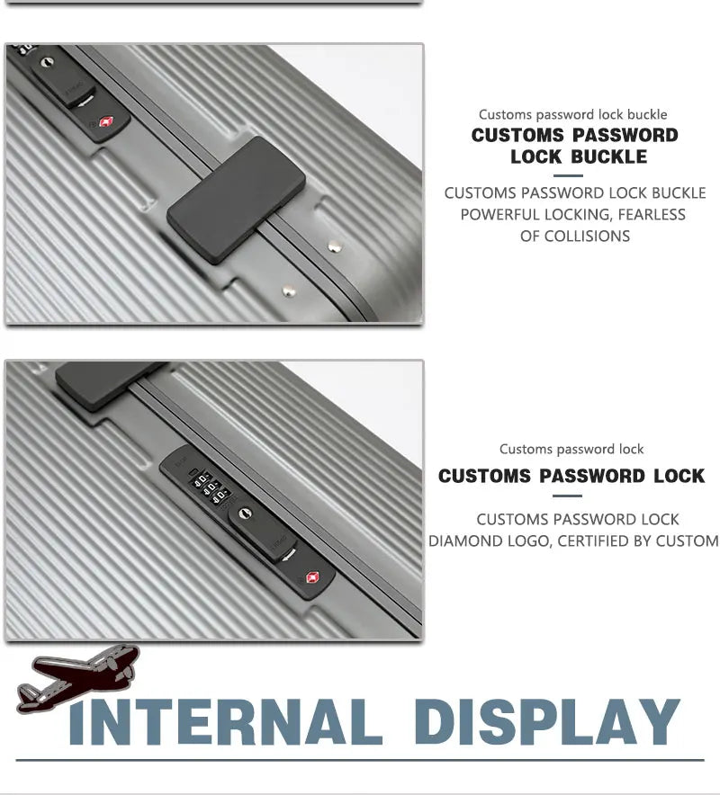 Aluminum Alloy Frame Suitcase, Top-Opening ABS Portable Trolley Case, Universal Wheels, Customs Code Lock Boarding Case