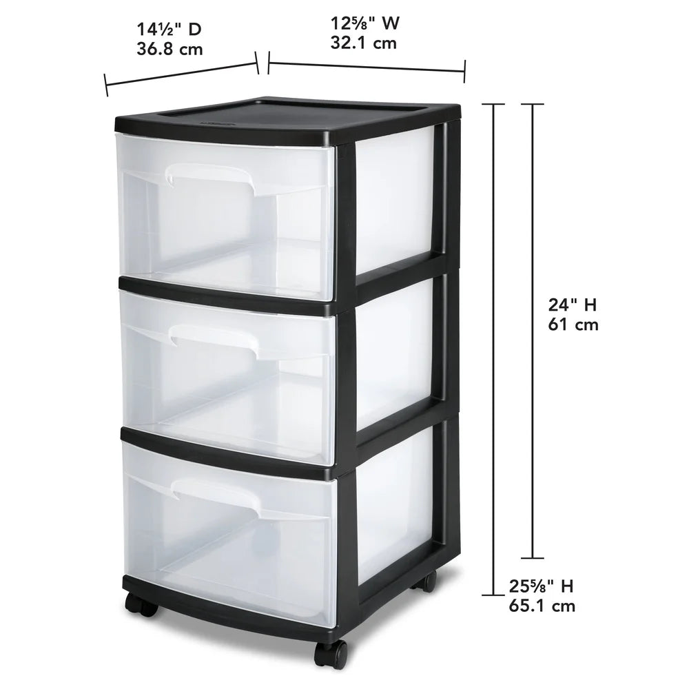 3-Drawer Rolling Storage Cart – Clear Drawers