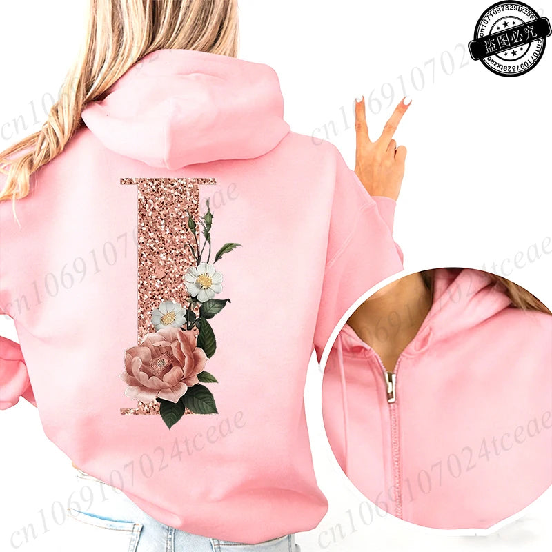 Women Zip Up Hoodies Rose Gold Letter A~Z Zipper Jackets Coats Autumn Winter Hoody Sweatshirt Fashion Casual Zip Pink Hoodie Top