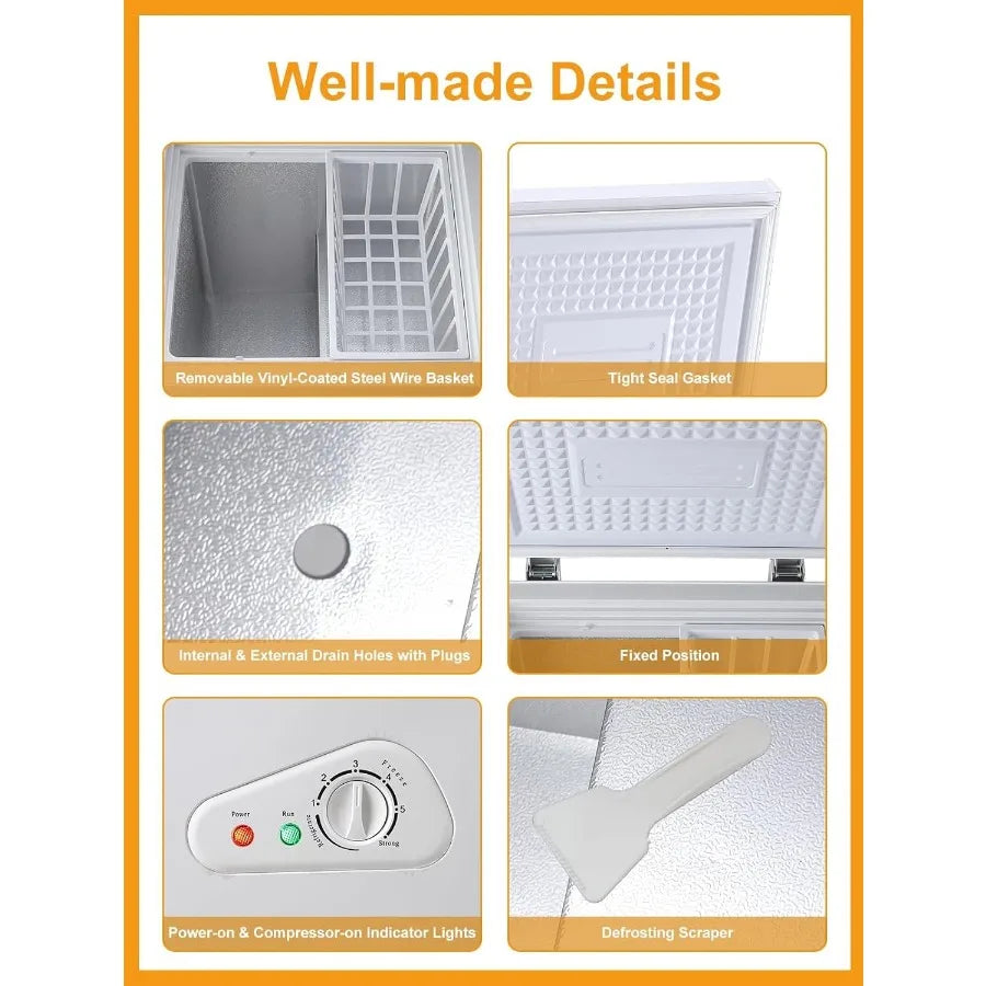 Compact Deep Freezer with Top Mini 7 Gears Temperature Control Open Door and Removable Storage Basket 3.5 Cu.Ft White