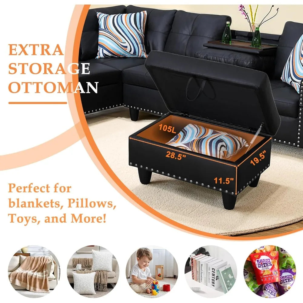 Sectional Sofa Couch, Modern 4-Seaters Living Room Furniture Sets with Chaise Lounge, Ottoman & 2 Pillows | L Shape Couch