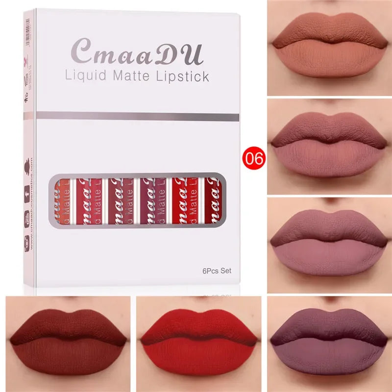 6 Colors/Set Fashion Matte Lip Gloss Sets Natural Moisturize Waterproof Lasting Velvet Sexy Red Liquid Lipstick Beauty Cosmetic