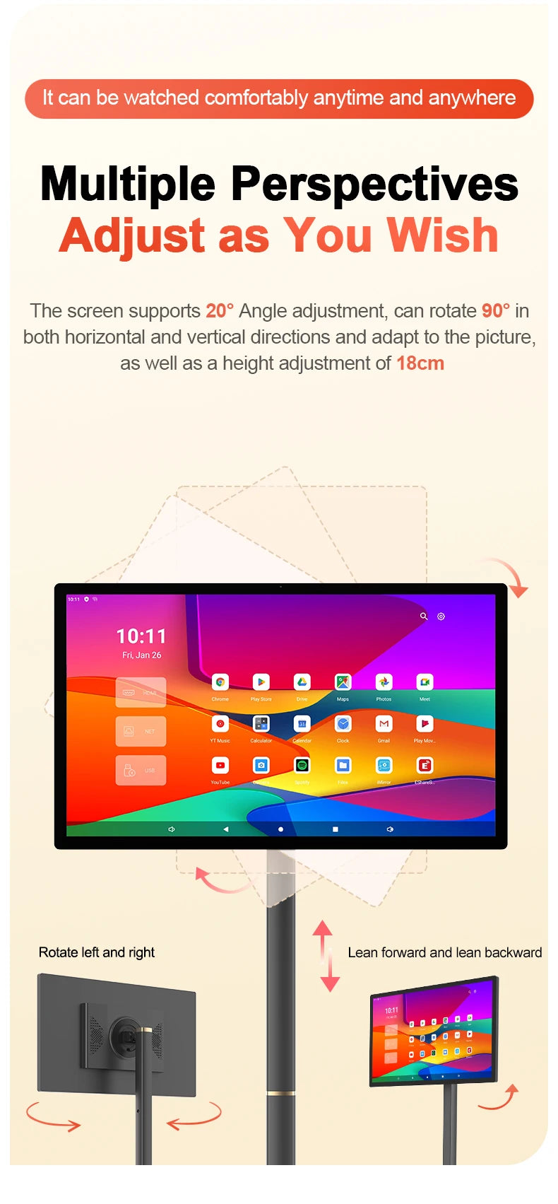 32 Inch Movable With Stand Smart Home Business TV Wireless Smart TV With Rotating Wheels Touch Screen Portable TV﻿