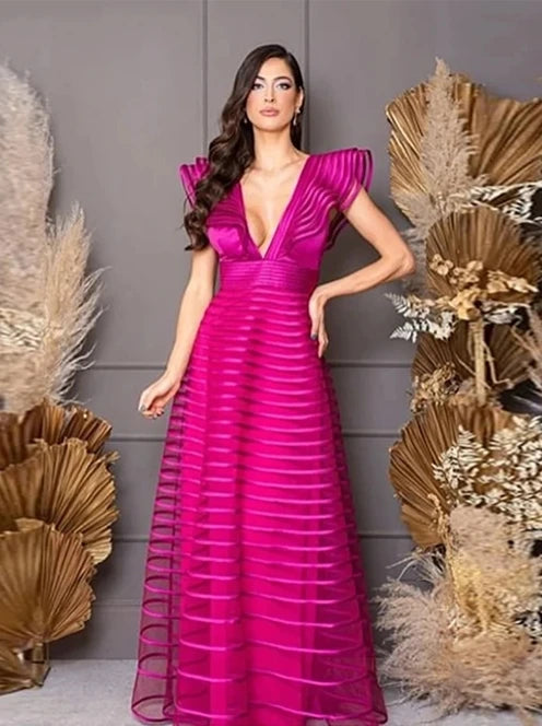 ROSES A Line Fuchsia Formal Dresses Pleat Sleeveless Prom Gown for Woman Deep V Neck Wedding Party Dress robe de bal Customized