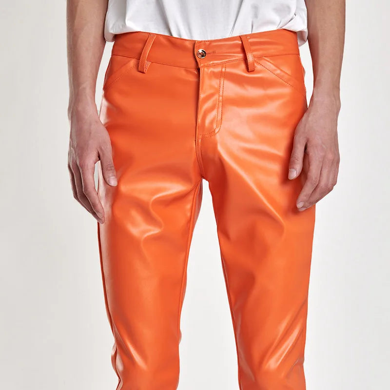 Men's Fashion Rock Style PU Leather Pants Night Club Dance Pants Men's Faux Leather Slim Fit Skinny Motorcycle Trousers