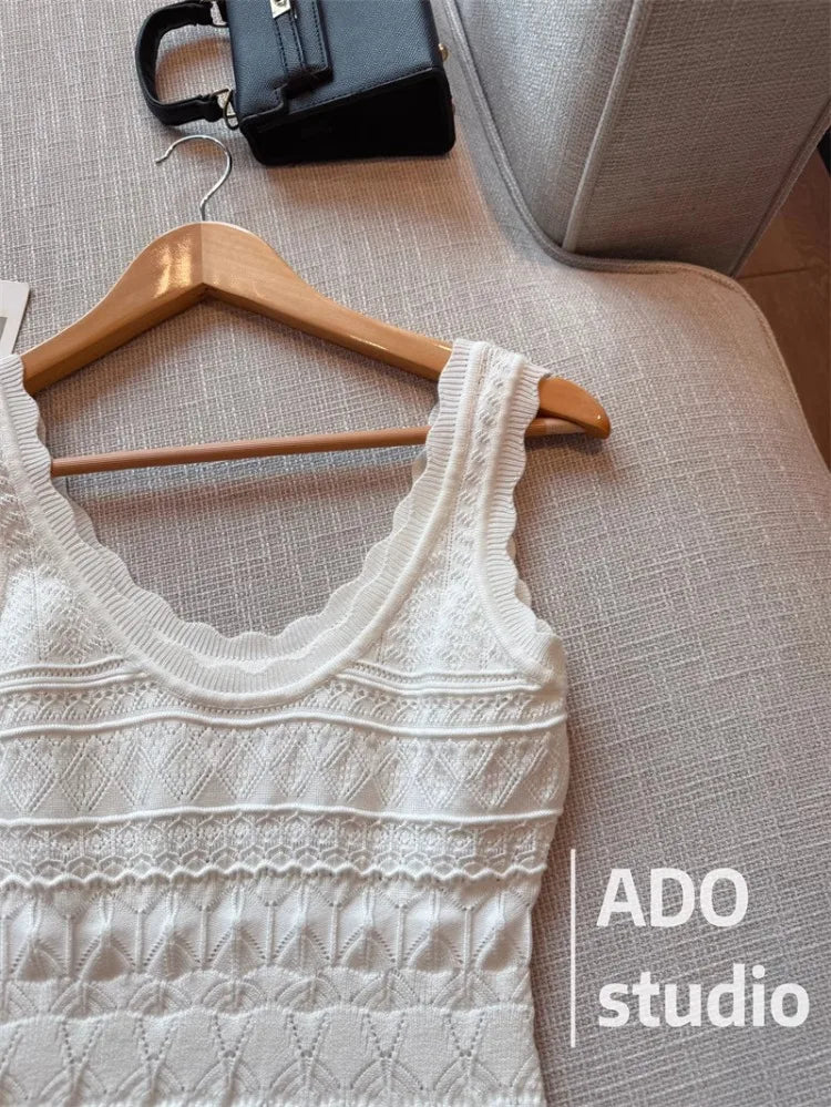 Korobov Solid Color Sweet A-line Dresses Ruffled Knitted Vest Dress for Women Summer French Style Hollow Short Skirt