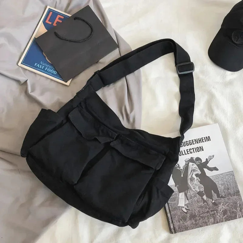 Women's Campus Messenger Bag Large Capacity Solid Color Canvas Shoulder Backpack Casual Handbag