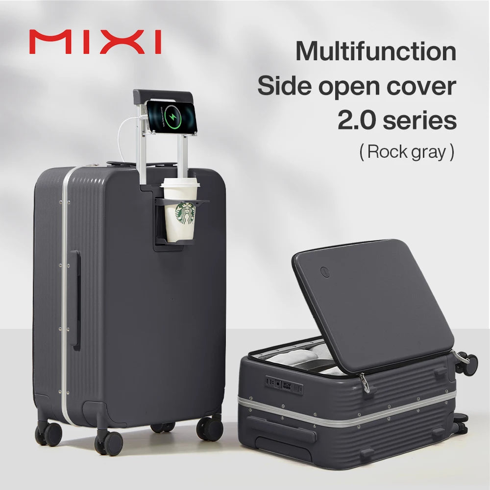Mixi New Aluminum Frame Suitcase Carry On Rolling Luggage with USB Port Boarding Cabin Cup and Phone Holder 20 24 Inch
