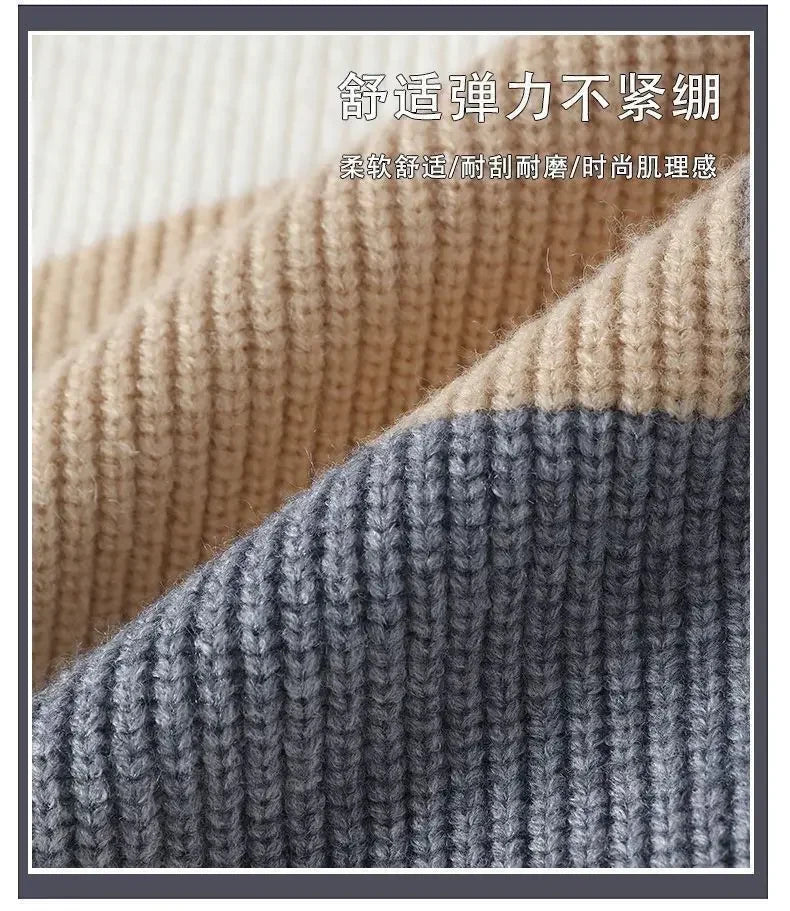Autumn Winter New Men Sweater Mock Neck Patchwork Contrast Color Trend Youth Fashion Thicken Long Sleeve Pullovers Knitted Tops