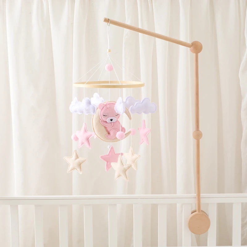 Wooden Crib Mobile Baby Bed Bell Rattle Toy Soft Felt Cartoon Bear Mobile bracket Newborn Music Box Bed Bell Hanging Bracket Toy