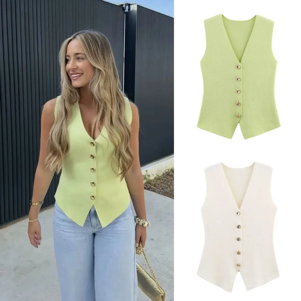 ETJ 2025 new women's elegant fashion all-match V-neck sleeveless vest jacket knitted waistcoat