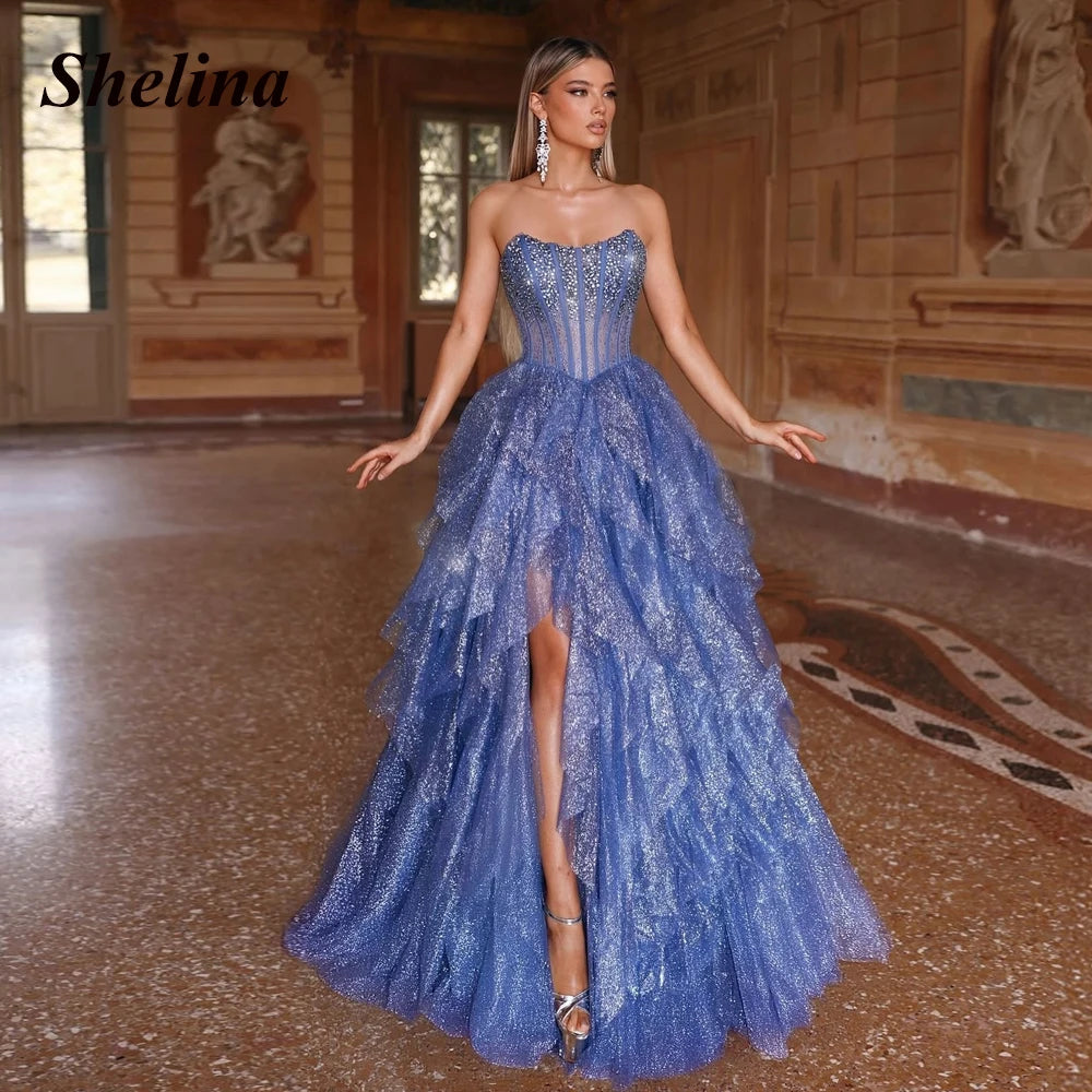 Shelina Glamorous Sweetheart Evening Dresses For Women Beadings Ruffles Wedding Party Gown Vestidos De Noche Custom Made