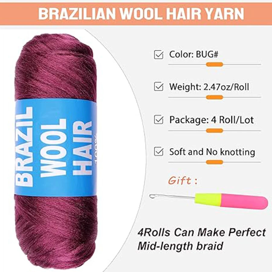4 Pcs Brazilian Wool Synthetic Hair for Braids Acrylic Hand Knitting Yarn for Braiding Hair  Crochet Hair Extension