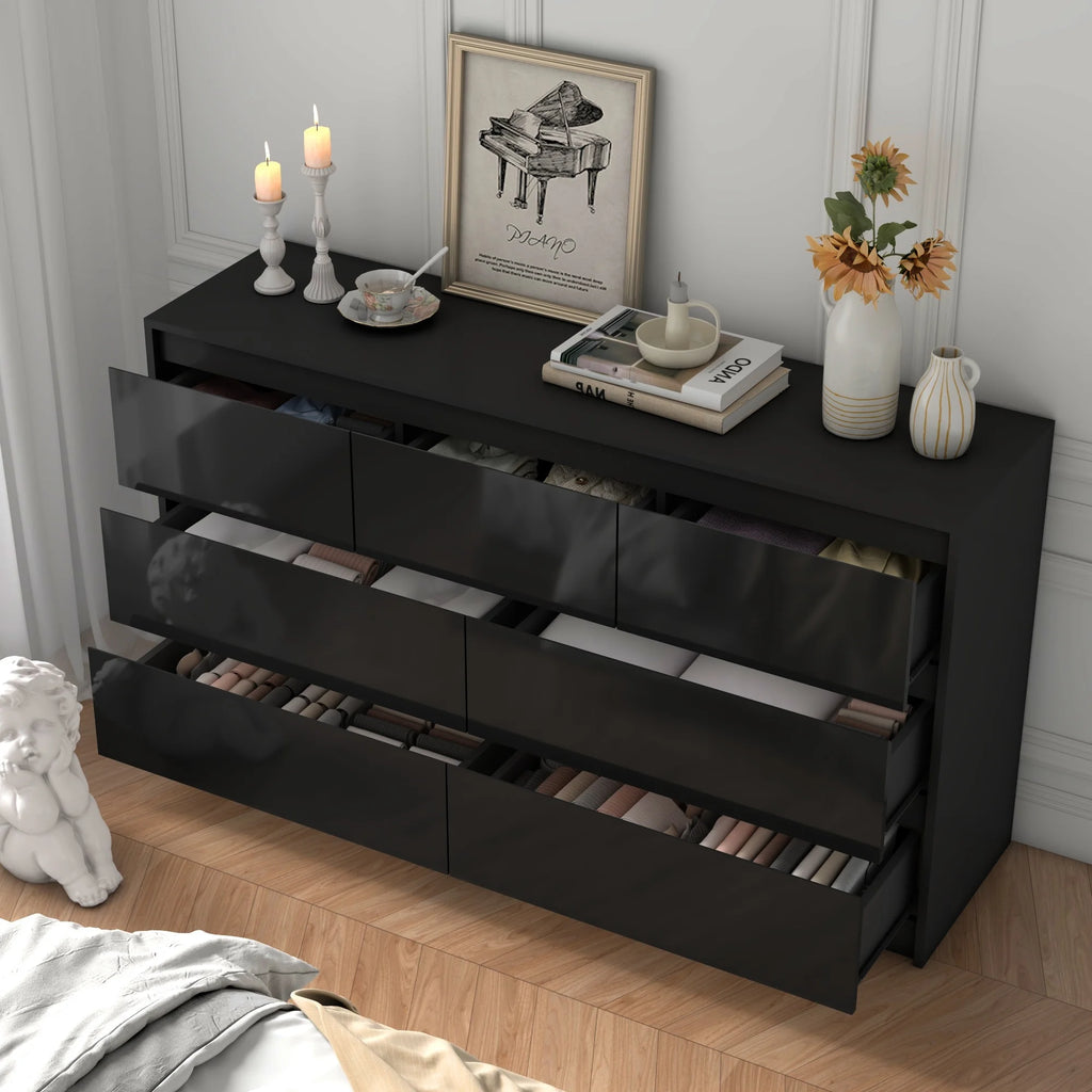 7 Drawer Dresser for Bedroom, 55 Inch Modern Dresser with High Gloss Drawers, Large Wood Chest of Drawer, White/Black