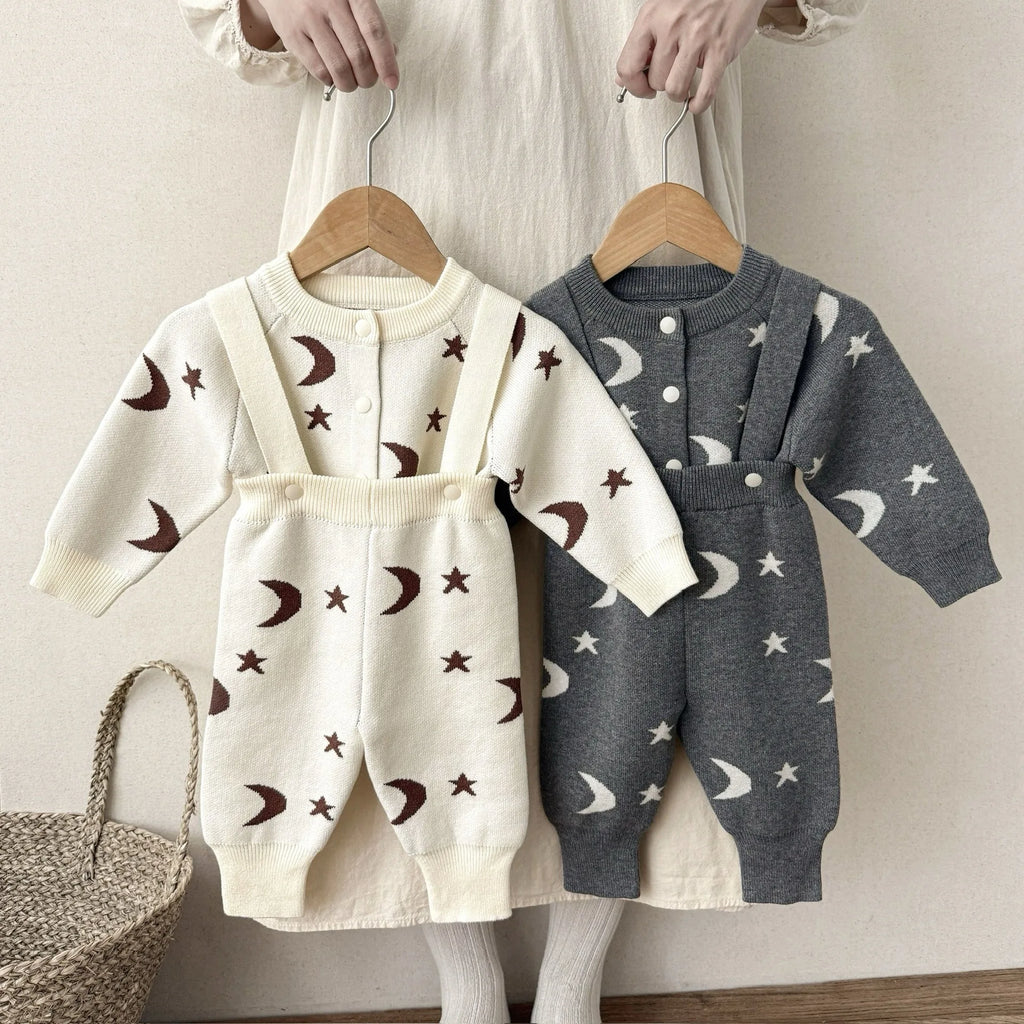 2026 Spring New Baby Clothing Single Breast Moon Print Girls Sweaters Option Knit Overalls  Baby Girls Knitwear