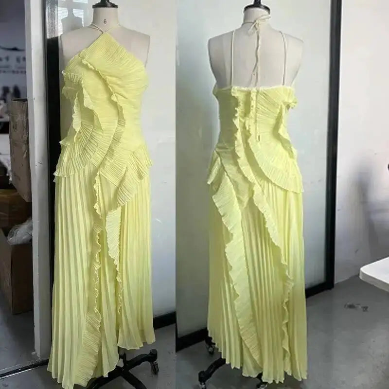 Giyu Sexy Evening Party Dresses Women Summer Halter Prom Gown Ruffles Lotus Edge Tiered Backless Robe Elegant Chiffon Long Dress