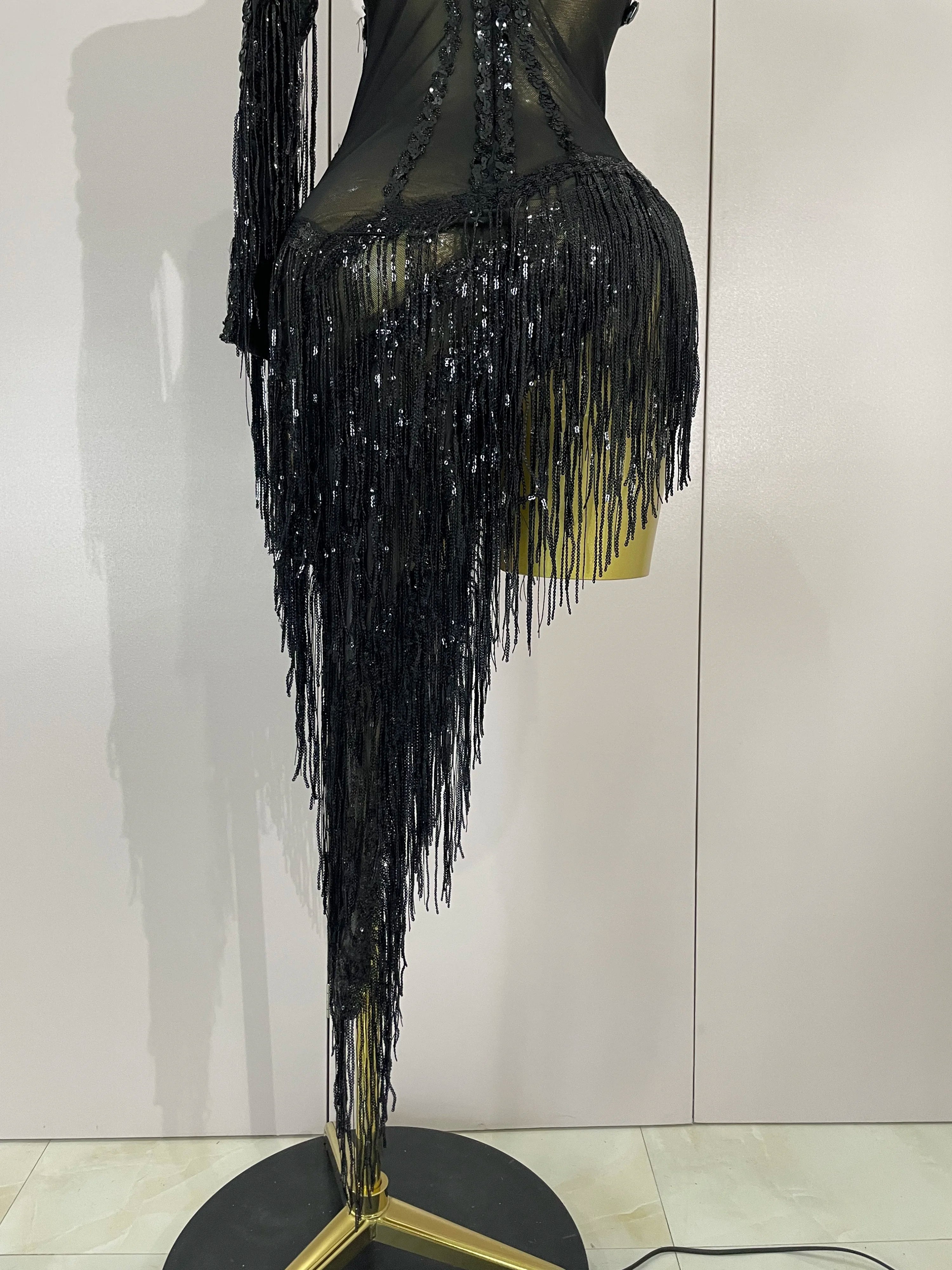 New Stage Costume Sparkly Rhinestones Tassel Sexy See-Through Dress Women One Shoulder Latin Dance Bars Nightclub Party Outfits