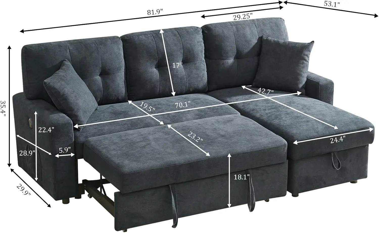 L Shape Sofa with Storage, Pull Out Couch Bed with USB&Type-C Ports, Convertible Sleeper Sofa