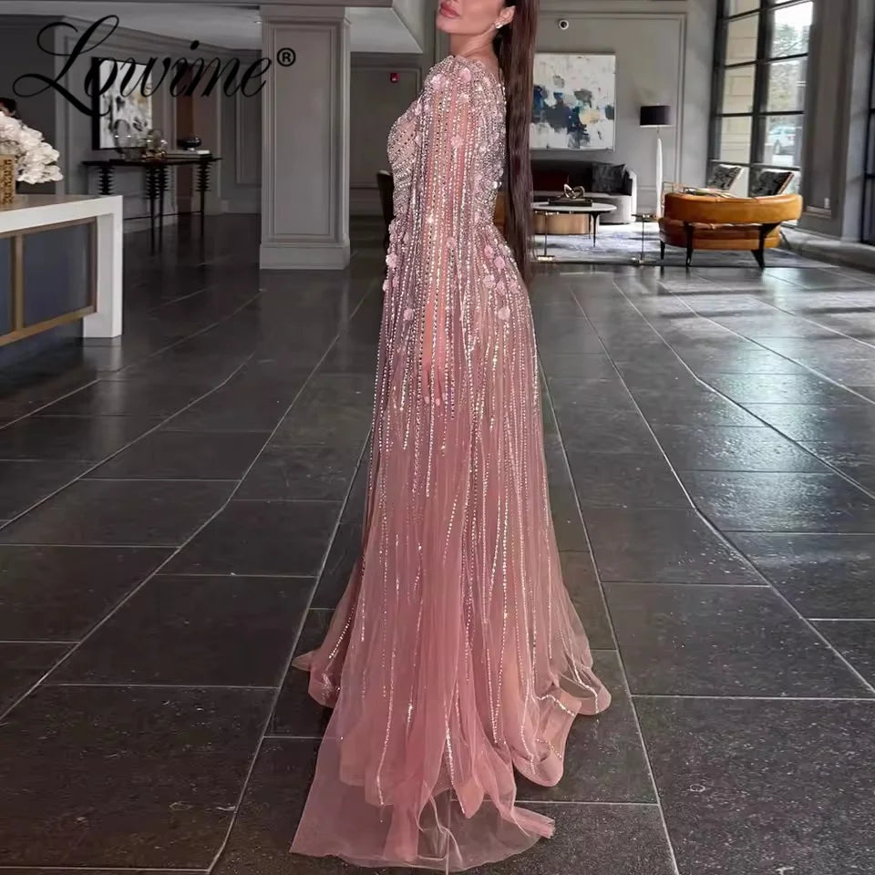 Pink Long Sleeves Women Evening Dress Elegant A Line Beading Women Party Dresses Customized Robes 2026 Dubai Arabic Party Gowns