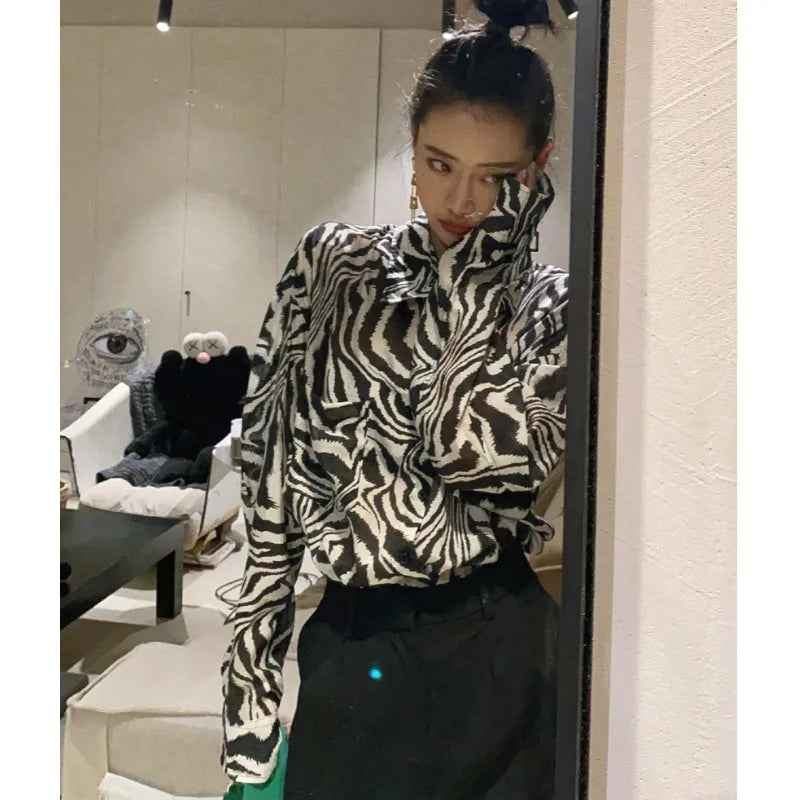 Zebra Print Shirt Women's Spring Thin Tops Retro Fashion French Chiffon Shirts Women's Loose Versatile Sunscreen Shirts Top
