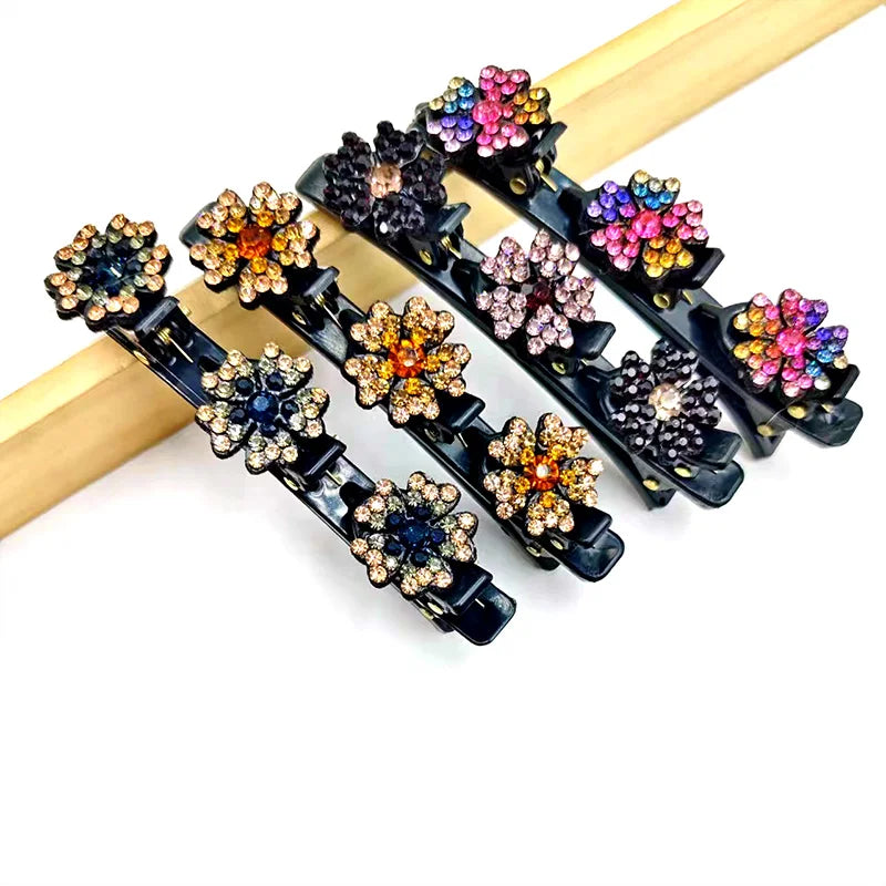 2Pcs/Set Rhinestone Flowers Hair Clip Fashion Double Layer  Braided Hairpins Women Headwear