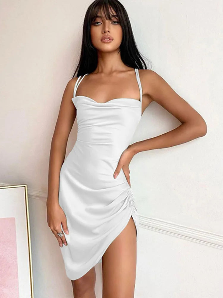 Women Strap Mini Dress Ruched Lace Up Cross Bandage Backless Bodycon Sexy Party Elegant 2023 Club Christmas Slim