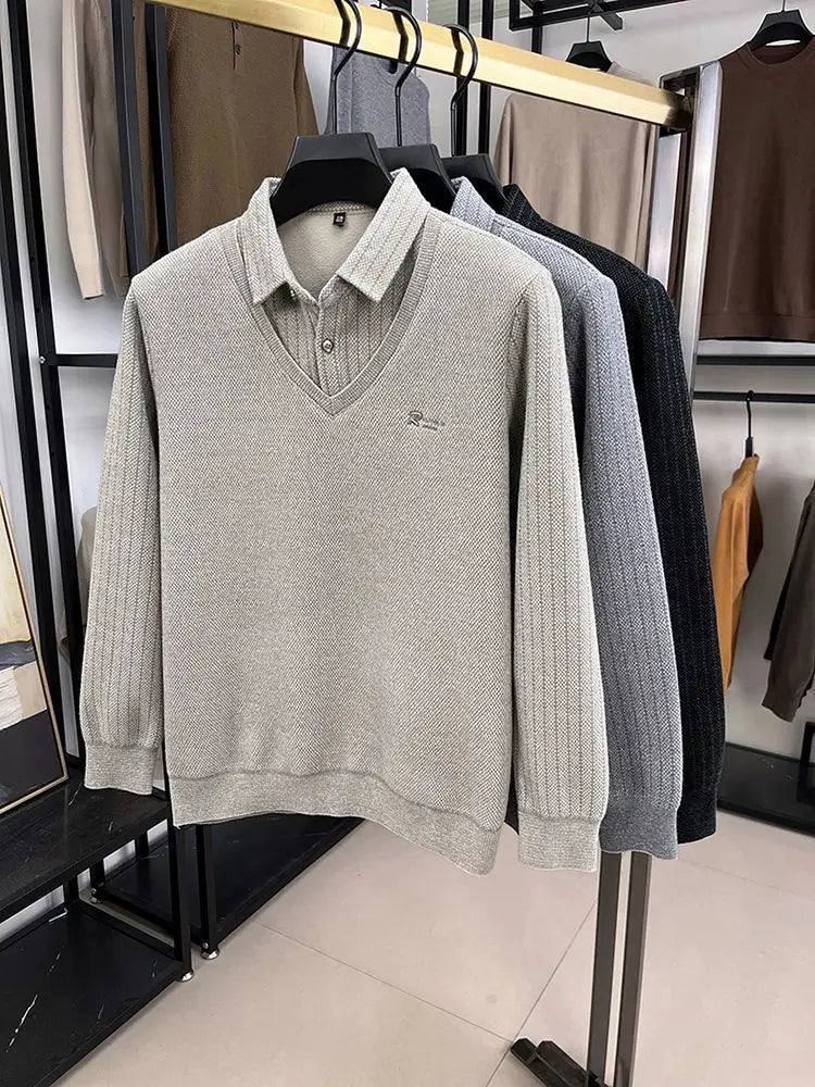 Men's Plush Sweater Autumn Winter Fashion Button Lapel Striped Pullovers Business Casual Fleece Lined Knitted Thickened Sweaters