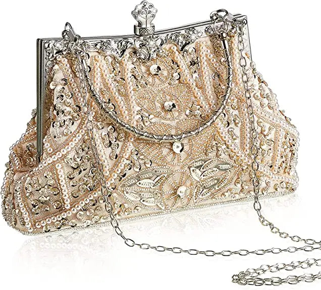 Lost in Vintage Clutch Handbag Beaded and Sequin Kiss-lock Closurer Shoulder Bag Crossbody Detachable ChainProm Evening Party