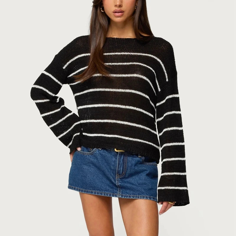Women’s Y2K Sheer Knit Sweater – Oversized Striped Pullover