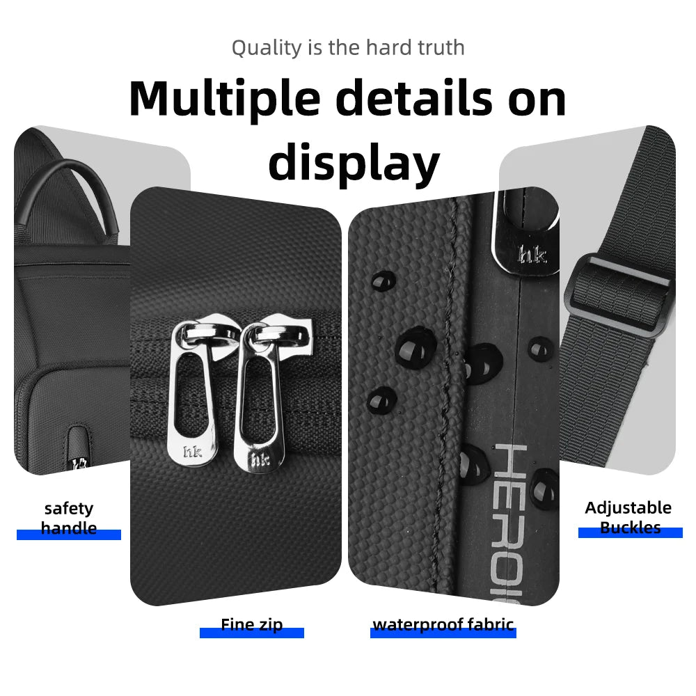 HK Anti-theft Men's Shoulder Bag Waterproof Chest Crossbody Bag with USB Oxford Leisure Satchel Multi-Pockets Sling Bag for Male