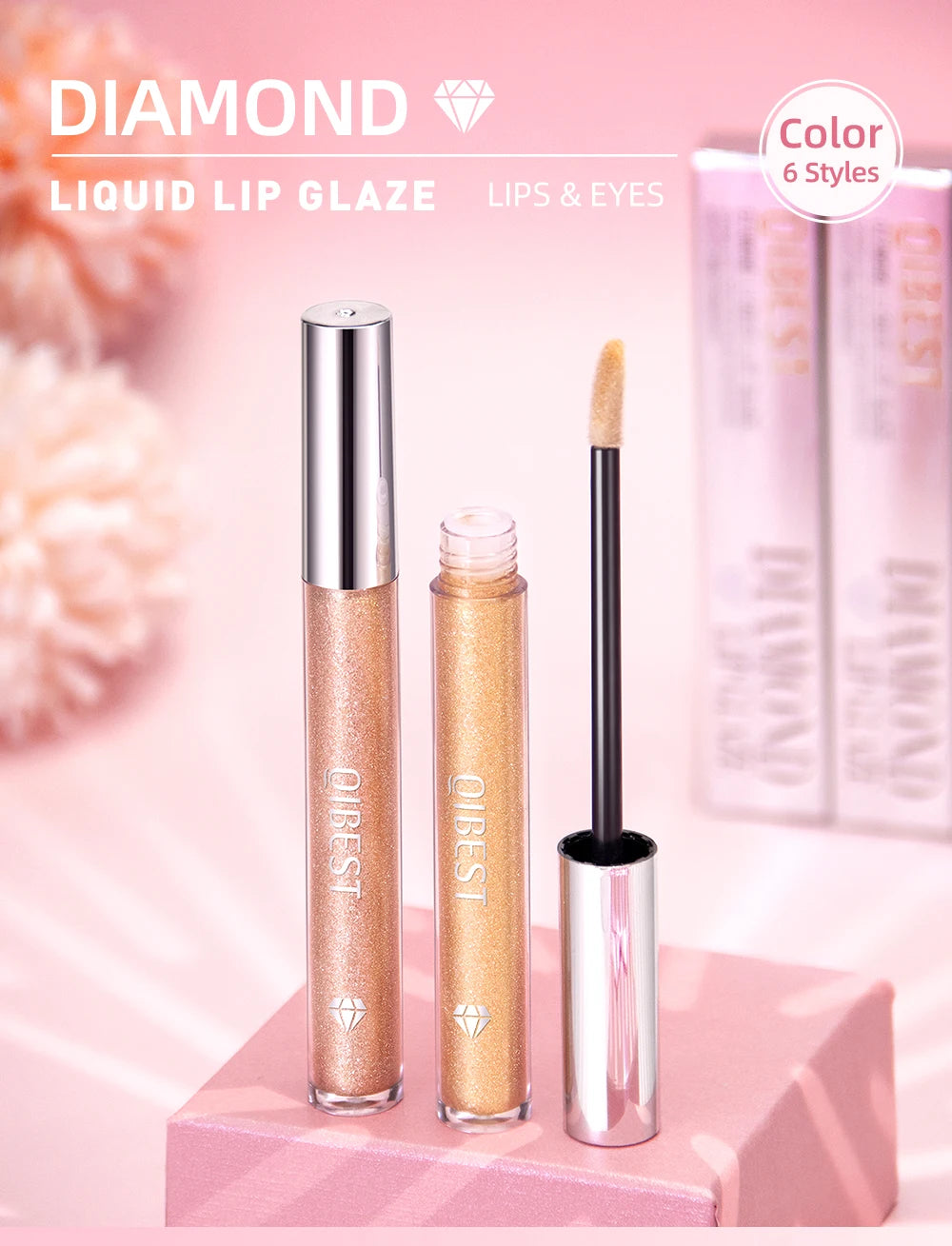 QIBEST shimmer lip gloss beauty girl diamond glitter lip tint waterproof long lasting 6 colors gray flash liquid lipstick makeup