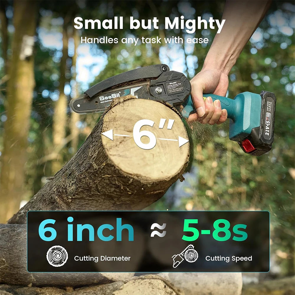Seesii Mini Chainsaw Cordless 6-inch Handheld Electric Power Chain Saw for Garden Tools Tree Trimming Wood Cutting Best Gifts