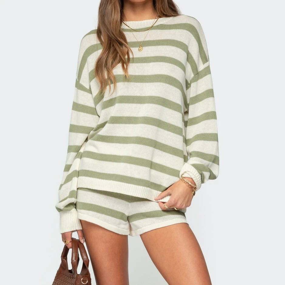 Women's Long Sleeve Shirts Striped Knit Shorts Set Casual Patchwork Premium Quality Lace Up Sets for Home Outfit