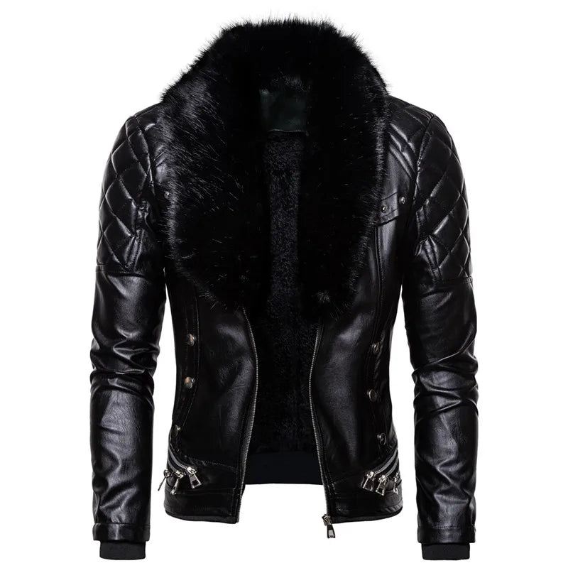 New Winter Fleece Motorcycle Leather Jacket Men Turn Down Fur Collar Slim Fit Warm PU Bomber Jackets Coats Mens Moto Biker Coat